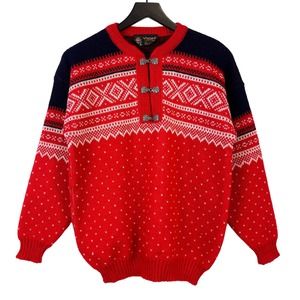 Vintage Viking Sportswear (M) Mens Scotland Wool Nordic Clasp Sweater Red Knit